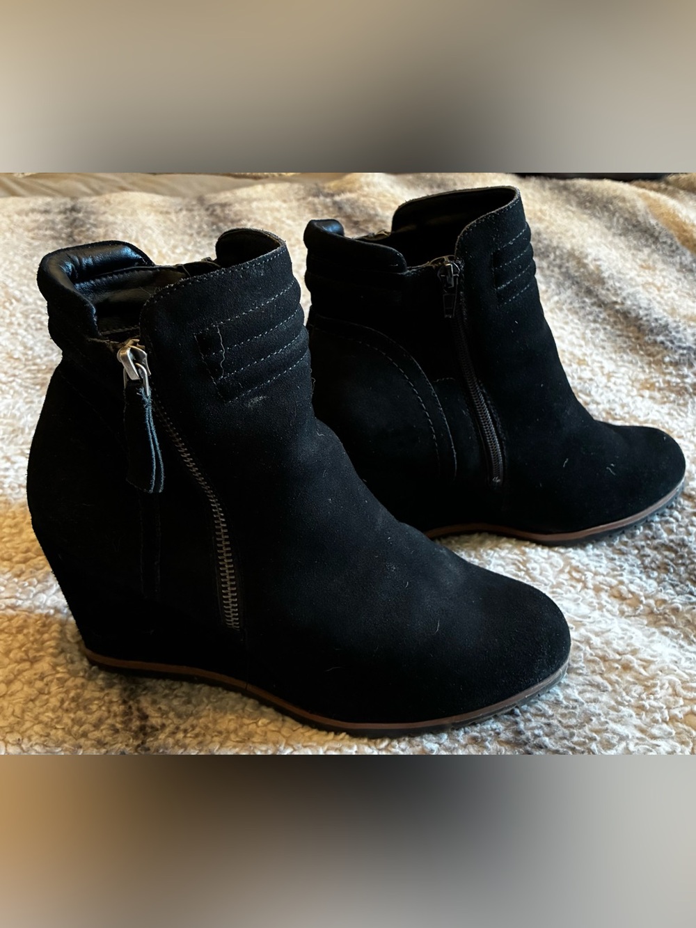 Women’s Black Suede Wedge Ankle Booties with Side Zip